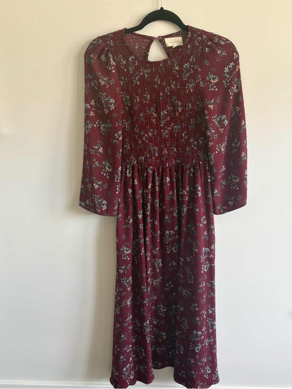 MELLODAY Burgundy Floral Smocked Long-Sleeve Midi Dress